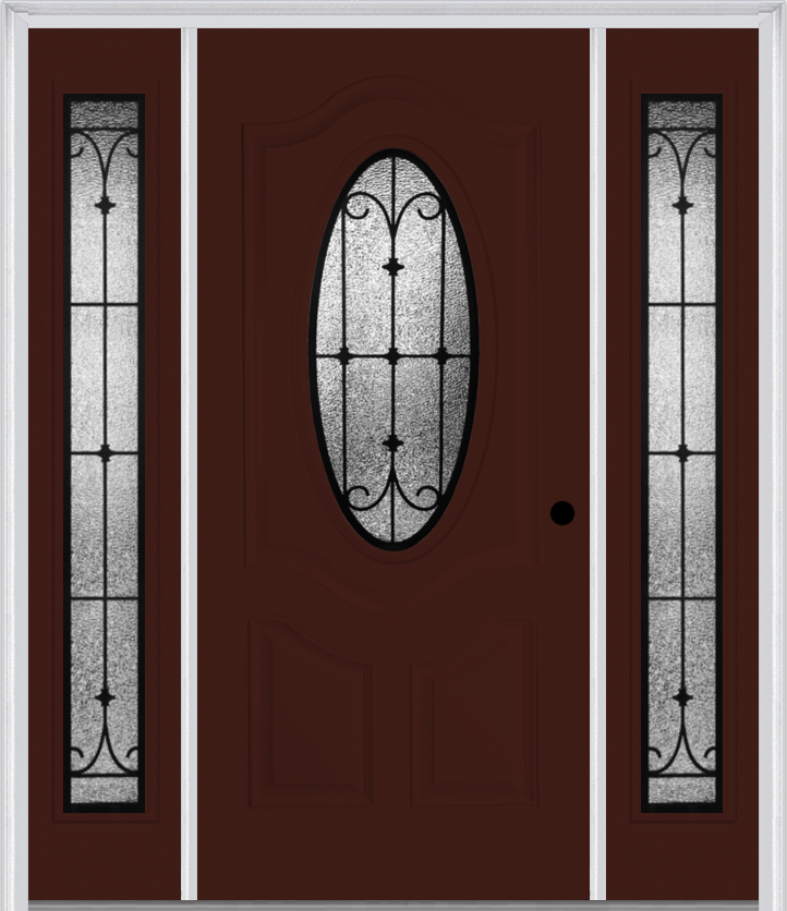 MMI SMALL OVAL 2 PANEL DELUXE 6'8" FIBERGLASS SMOOTH CHATEAU WROUGHT IRON EXTERIOR PREHUNG DOOR WITH 2 FULL LITE CHATEAU WROUGHT IRON DECORATIVE GLASS SIDELIGHTS 749