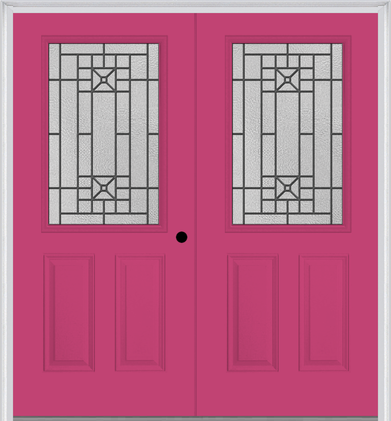 MMI TWIN/DOUBLE 1/2 LITE 2 PANEL 6'8" FIBERGLASS SMOOTH COURTYARD NICKEL VEIN WROUGHT IRON DECORATIVE GLASS EXTERIOR PREHUNG DOOR 684