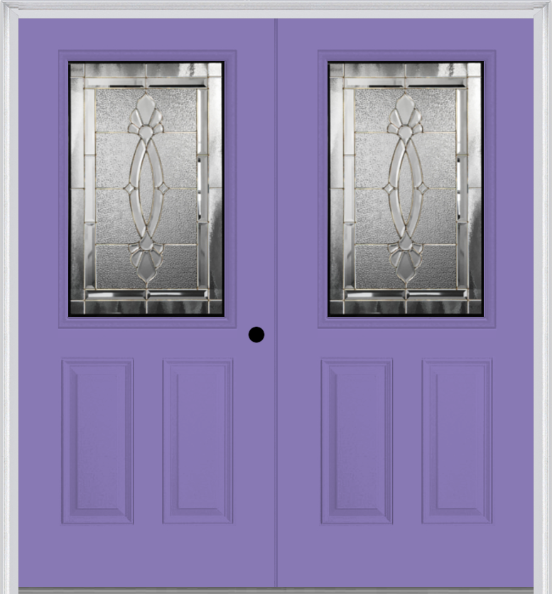 MMI TWIN/DOUBLE 1/2 LITE 2 PANEL 6'8" FIBERGLASS SMOOTH BELAIRE ZINC DECORATIVE GLASS EXTERIOR PREHUNG DOOR 684