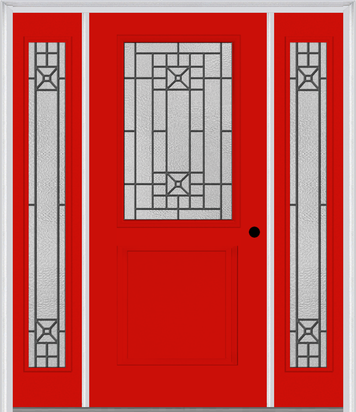 MMI 1/2 Lite 1 Panel 6'8" Fiberglass Smooth Courtyard Nickel Vein Wrought Iron Exterior Prehung Door With 2 Full Lite Courtyard Nickel Vein Wrought Iron Decorative Glass Sidelights 682