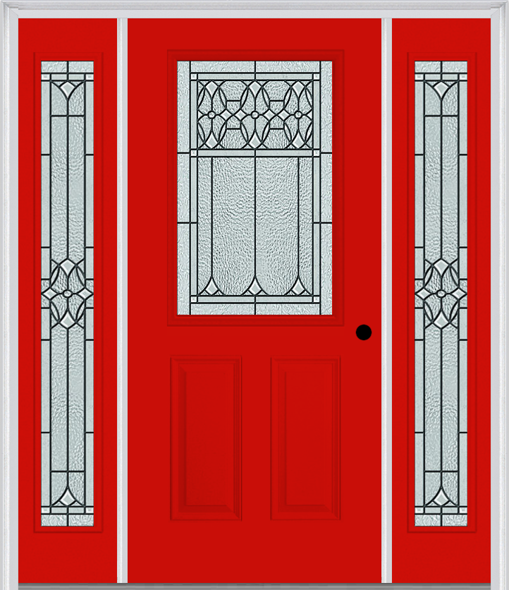 MMI 1/2 Lite 2 Panel 6'8" Fiberglass Smooth Selwyn Patina Exterior Prehung Door With 2 Full Lite Selwyn Patina Decorative Glass Sidelights 684