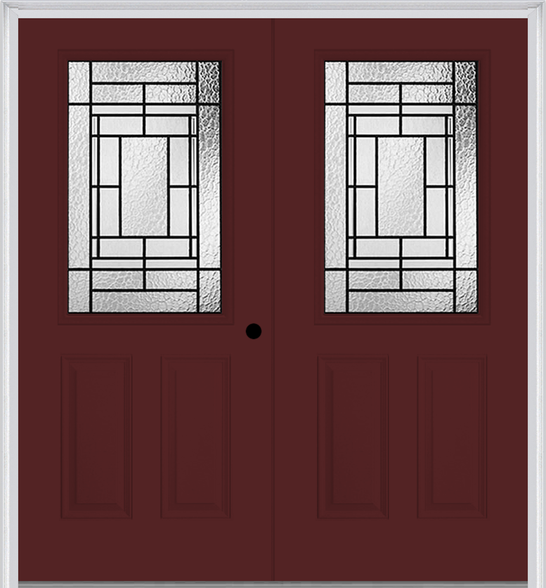 MMI TWIN/DOUBLE 1/2 LITE 2 PANEL 6'8" FIBERGLASS SMOOTH PEMBROOK PATINA DECORATIVE GLASS EXTERIOR PREHUNG DOOR 684