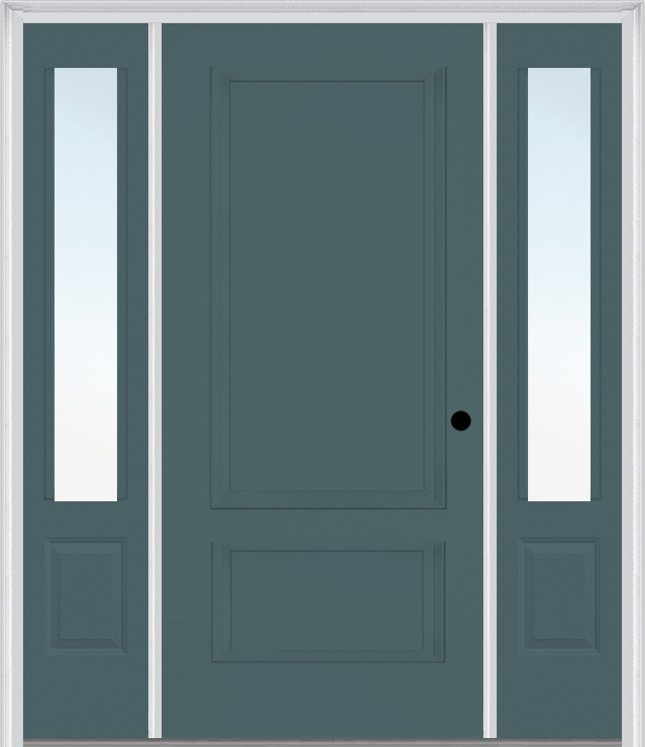 MMI 2 Panel 3'0" X 6'8" Fiberglass Smooth Exterior Prehung Door With 2 Clear Glass 3/4 Lite Sidelights 110