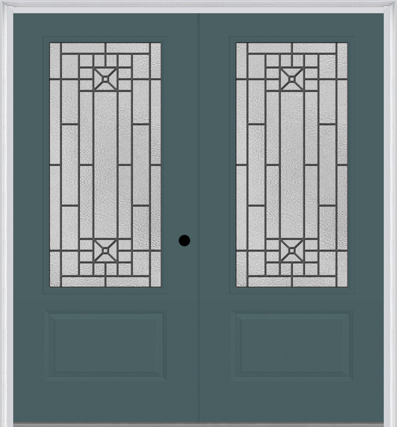 MMI TWIN/DOUBLE 3/4 LITE 1 PANEL 6'0" X 6'8" FIBERGLASS SMOOTH COURTYARD NICKEL VEIN WROUGHT IRON DECORATIVE GLASS EXTERIOR PREHUNG DOOR 608