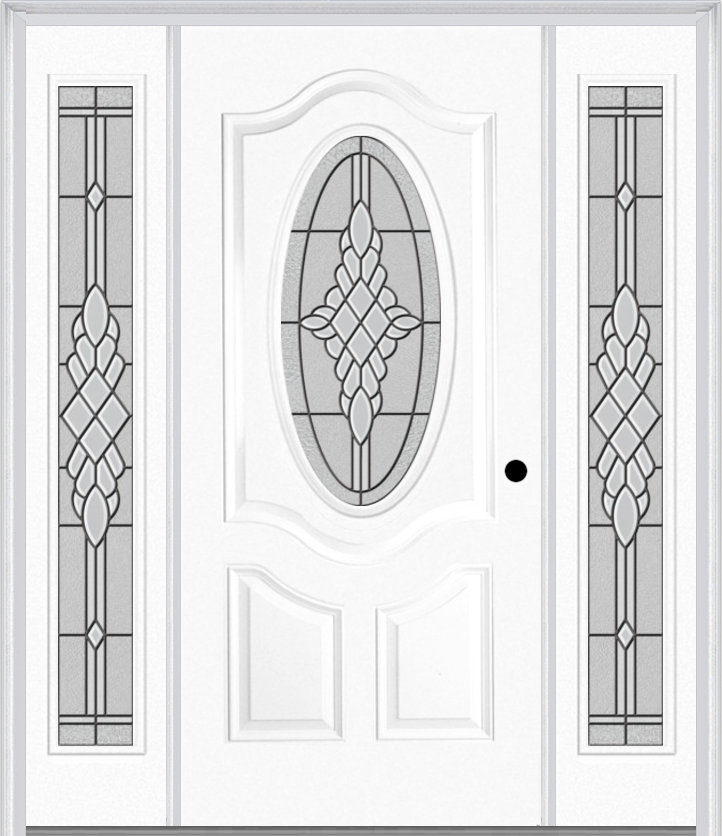 MMI SMALL OVAL 2 PANEL DELUXE 6'8" FIBERGLASS SMOOTH GRACE NICKEL OR GRACE PATINA EXTERIOR PREHUNG DOOR WITH 2 FULL LITE GRACE NICKEL/PATINA DECORATIVE GLASS SIDELIGHTS 749