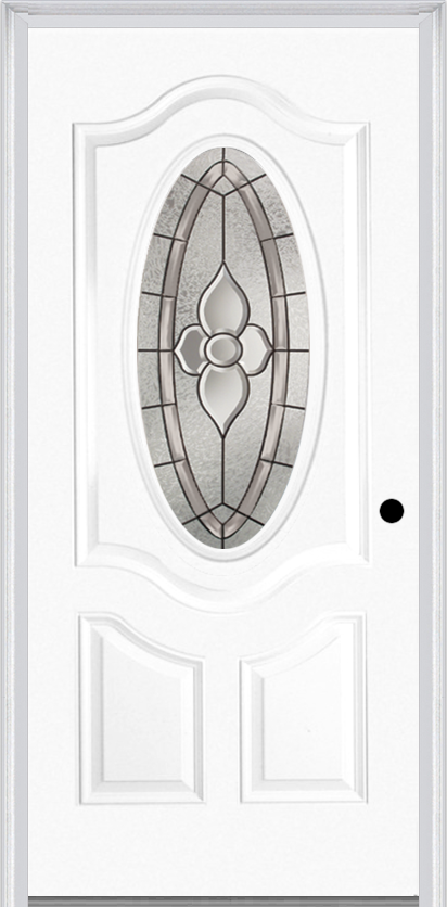 MMI Small Oval 2 Panel Deluxe 6'8" Fiberglass Smooth Nouveau Nickel Or Nouveau Patina Decorative Glass Exterior Prehung Door 749