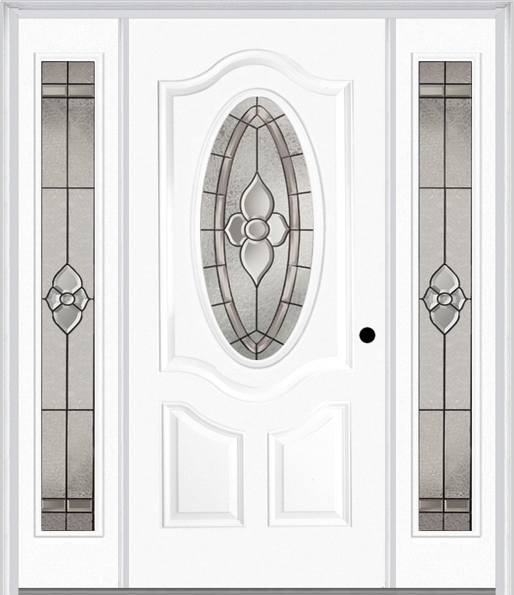 MMI SMALL OVAL 2 PANEL DELUXE 6'8" FIBERGLASS SMOOTH NOUVEAU NICKEL OR NOUVEAU PATINA EXTERIOR PREHUNG DOOR WITH 2 FULL LITE NOUVEAU BRASS/NICKEL/PATINA DECORATIVE GLASS SIDELIGHTS 749