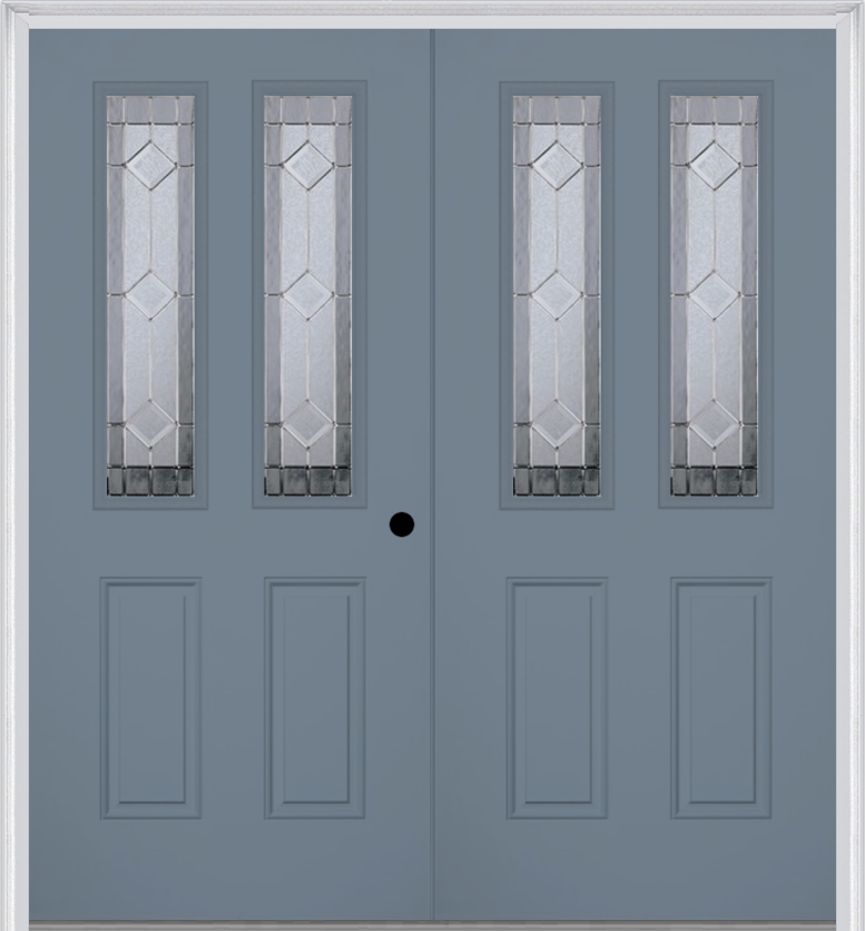 MMI TWIN/DOUBLE 2-1/2 LITE 2 PANEL 6'8" FIBERGLASS SMOOTH MAJESTIC NICKEL DECORATIVE GLASS EXTERIOR PREHUNG DOOR 692