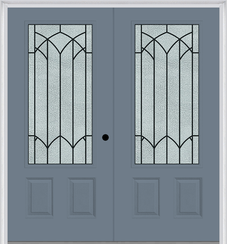 MMI TWIN/DOUBLE 3/4 LITE 2 PANEL 6'0" X 6'8" FIBERGLASS SMOOTH MONTCLAIRE WROUGHT IRON DECORATIVE GLASS EXTERIOR PREHUNG DOOR 607