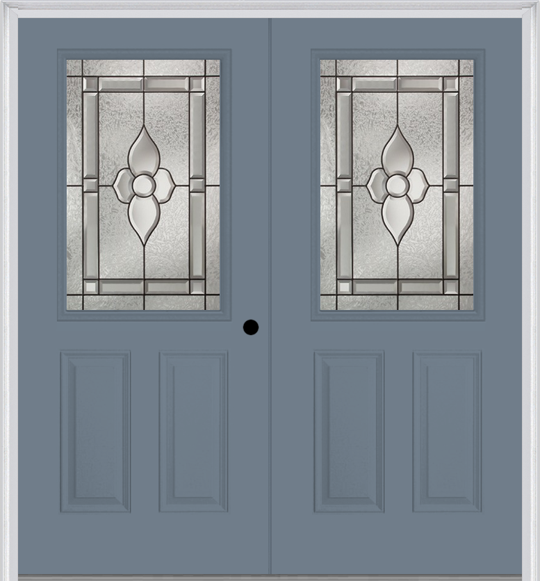 MMI TWIN/DOUBLE 1/2 LITE 2 PANEL 6'8" FIBERGLASS SMOOTH NOUVEAU NICKEL OR NOUVEAU PATINA DECORATIVE GLASS EXTERIOR PREHUNG DOOR 684