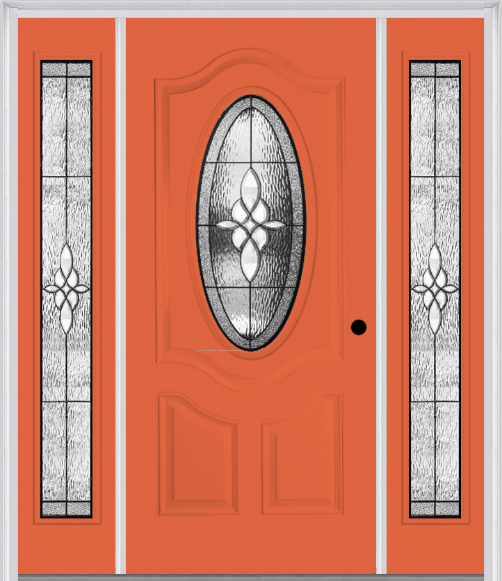 MMI SMALL OVAL 2 PANEL DELUXE 6'8" FIBERGLASS SMOOTH LUMIERE PATINA EXTERIOR PREHUNG DOOR WITH 2 FULL LITE LUMIERE PATINA DECORATIVE GLASS SIDELIGHTS 749