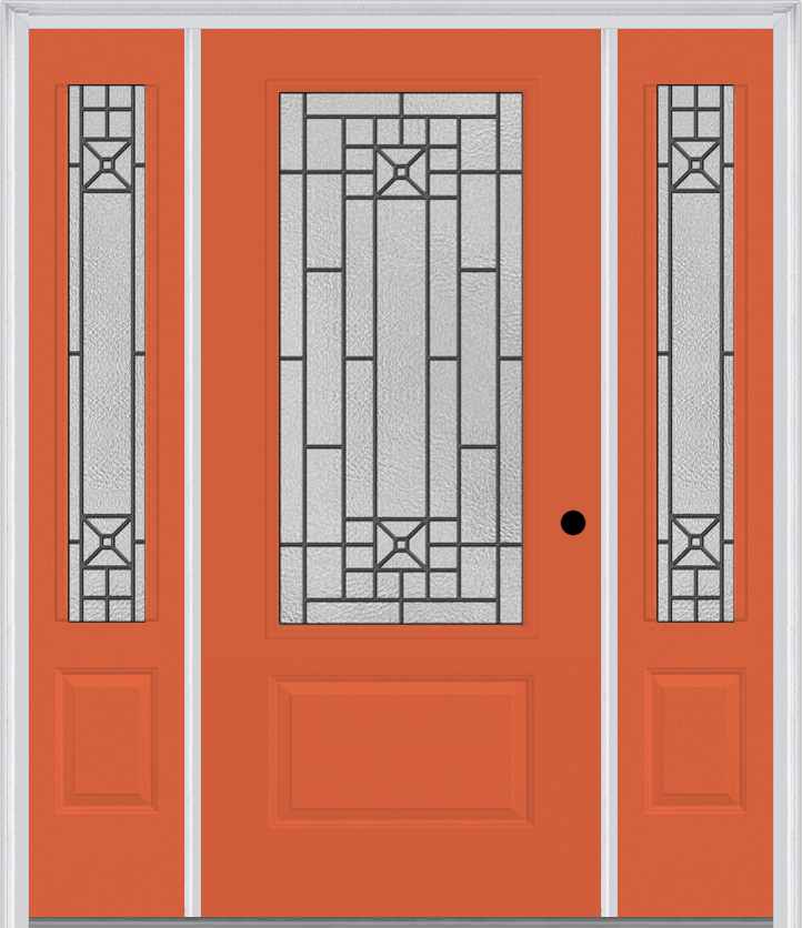 MMI 3/4 Lite 1 Panel 6'8" Fiberglass Smooth Courtyard Nickel Vein Wrought Iron Exterior Prehung Door With 2 Courtyard Nickel Vein Wrought Iron 3/4 Lite Decorative Glass Sidelights 608