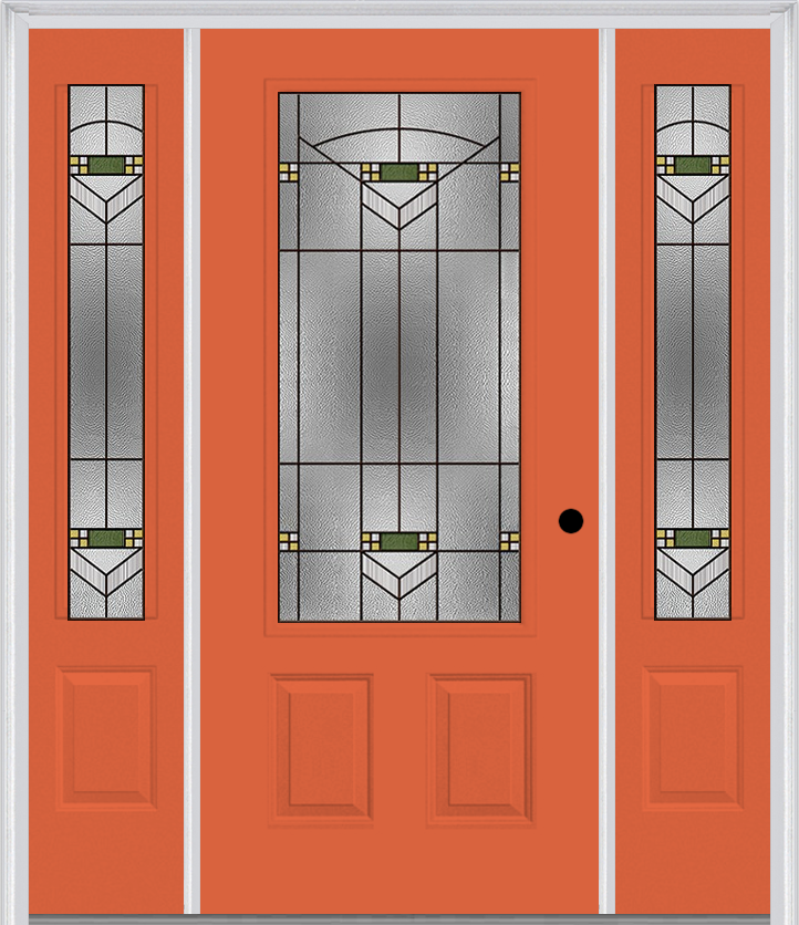 MMI 3/4 Lite 2 Panel 6'8" Fiberglass Smooth Greenfield Oil Rubbed Bronze Exterior Prehung Door With 2 Greenfield Oil Rubbed Bronze 3/4 Lite Decorative Glass Sidelights 607