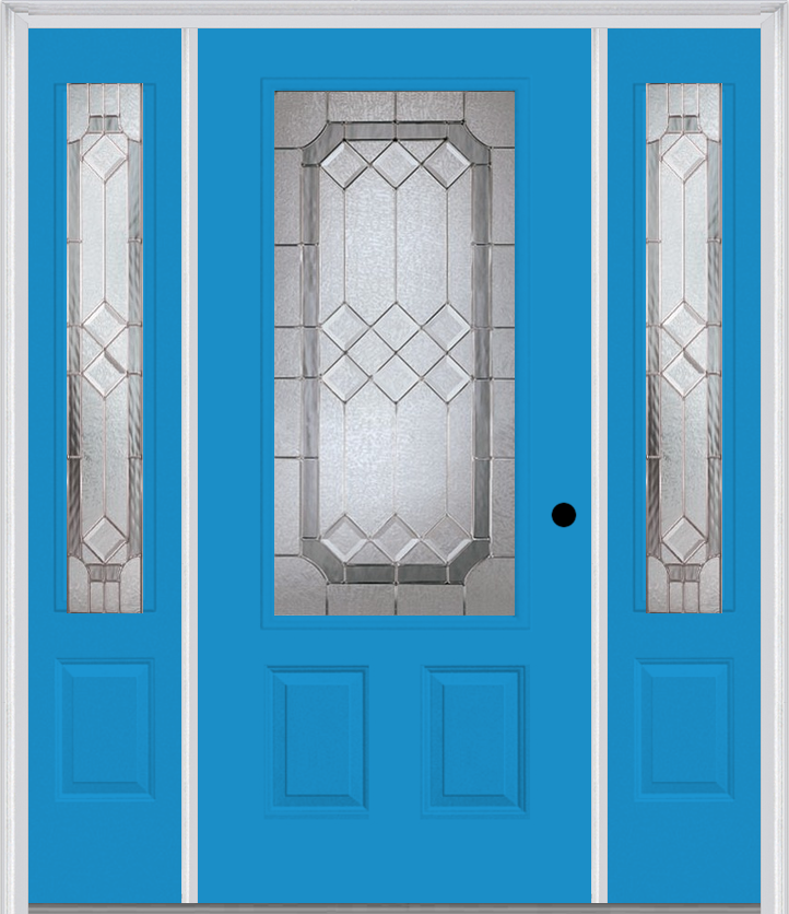 MMI 3/4 Lite 2 Panel 6'8" Fiberglass Smooth Majestic Nickel Exterior Prehung Door With 2 Majestic Nickel 3/4 Lite Decorative Glass Sidelights 607