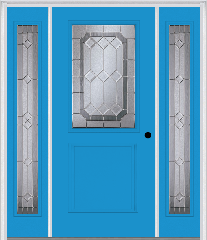 MMI 1/2 Lite 1 Panel 6'8" Fiberglass Smooth Majestic Nickel Exterior Prehung Door With 2 Full Lite Majestic Brass/Nickel Decorative Glass Sidelights 682