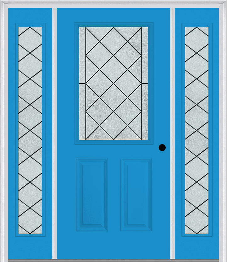 MMI 1/2 Lite 2 Panel 6'8" Fiberglass Smooth Harris Patina Exterior Prehung Door With 2 Full Lite Harris Patina Decorative Glass Sidelights 684