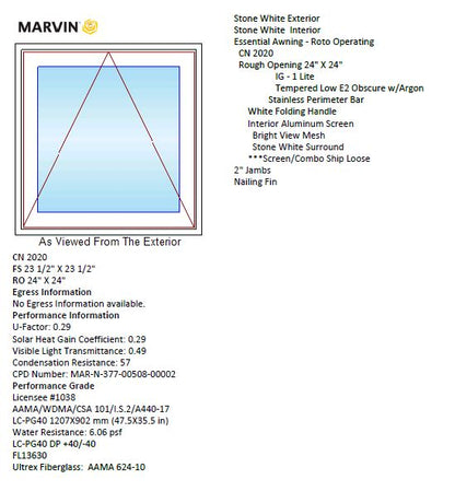 MARVIN IN STOCK Essential Awning Window CN2020 Frame Size: 23.5" X 23.75" White Fiberglass Exterior And Interior Tempered & Obscure Low-E2 With Argon Glass 2" Jambs White Folding Handle & Screen Stainless Perimeter Bar Nailing Fins