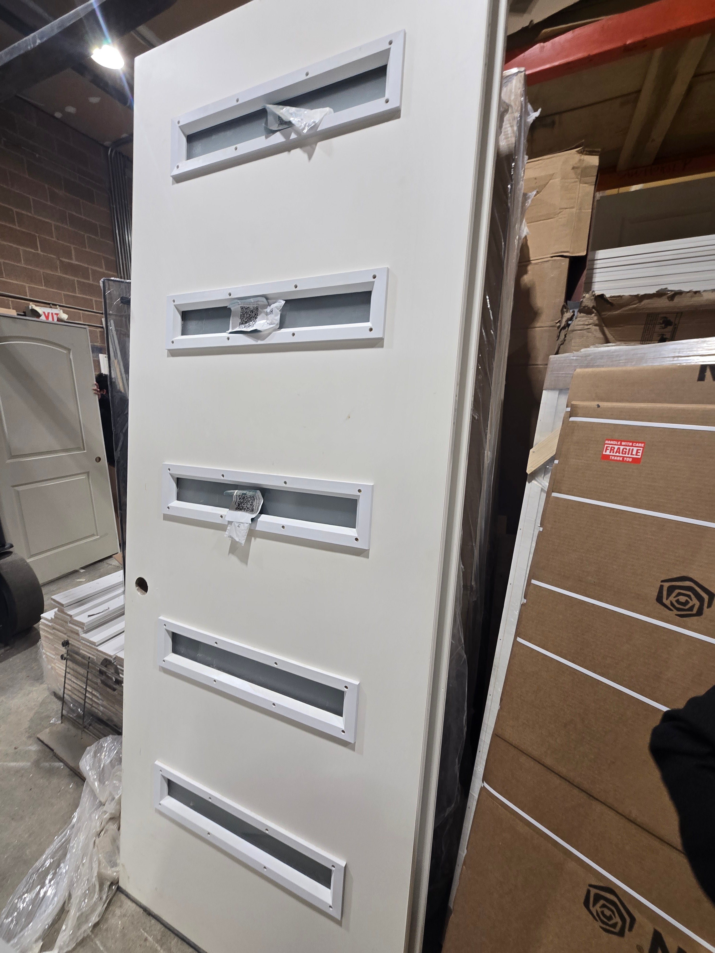 MMI IN STOCK 3'0 X 8'0 5-Lite Frosted Unfinished Exterior Door Left Hand Inswing Single Bore Black Hinges Bronze Sill FJ-Primed Jambs & Brickmould Applied (842H5)