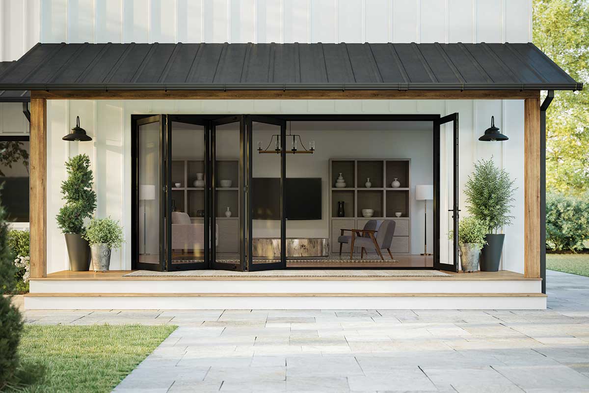 MARVIN Elevate 5 Panel Folding Door 175-19/32" Or 189" X 79 1/2", 82", 86", Or 95-1/2" Wood Interior Fiberglass Exterior Tempered Low-E2 Argon Glass Bifold Foldable Door Knocked Down CN15065, CN15068, CN15070, CN15080, CN16065, CN16068, CN16070, CN16080