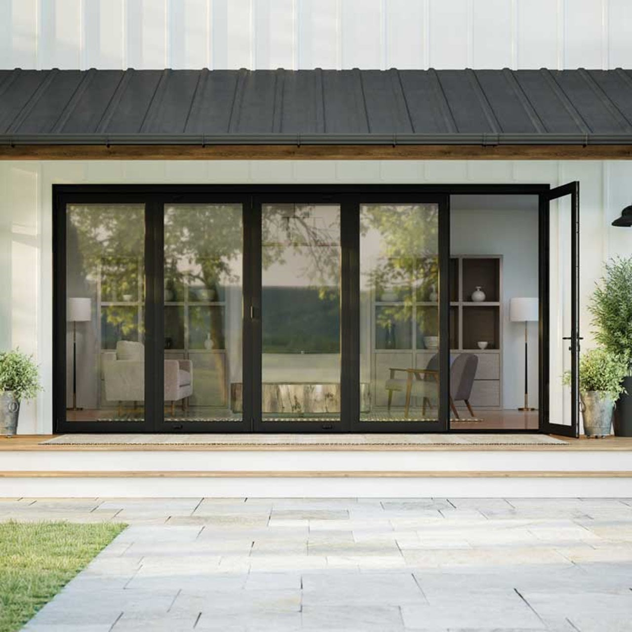 MARVIN Elevate 5 Panel Folding Door 175-19/32" Or 189" X 79 1/2", 82", 86", Or 95-1/2" Wood Interior Fiberglass Exterior Tempered Low-E2 Argon Glass Bifold Foldable Door Knocked Down CN15065, CN15068, CN15070, CN15080, CN16065, CN16068, CN16070, CN16080