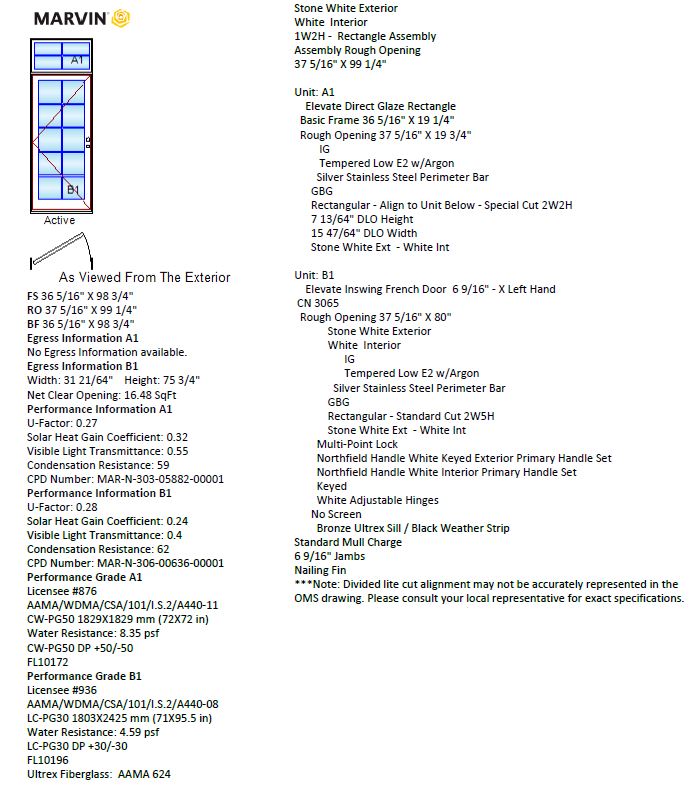 MARVIN IN STOCK Elevate Left Hand Inswing French Door CN3065 With Direct Glazed Picture Window Above Frame Size: 36-5/16" X 98-3/4" Stone White Fiberglass Exterior White Painted Pine Interior 6-9/16" Jambs Northfield White Keyed Hardware White Hinges