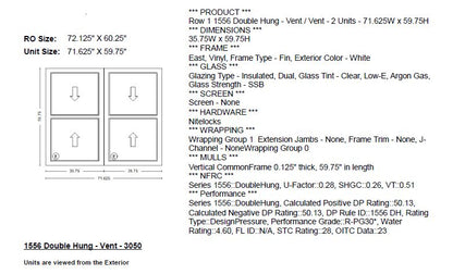 MI IN STOCK V3000 1556 Twin Double Hung 3050 Egress Window Frame Size: 71.625" X 59.75" White Vinyl Exterior & Interior NO SCREEN White Hardware New Construction With Fins