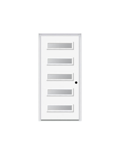MMI IN STOCK 3'0 X 8'0 5-Lite Frosted Unfinished Exterior Door Left Hand Inswing Single Bore Black Hinges Bronze Sill FJ-Primed Jambs & Brickmould Applied (842H5)