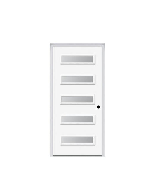 MMI IN STOCK 3'0 X 8'0 5-Lite Frosted Unfinished Exterior Door Left Hand Inswing Single Bore Black Hinges Bronze Sill FJ-Primed Jambs & Brickmould Applied (842H5)