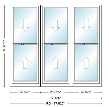 ANDERSEN Windows 400 Series Triple Double Hung Venting Window 77-1/8" Equal Sash Vinyl Exterior Wood Interior Low-E4 Dual Pane Glass Full Screen/Grilles/Tempered Optional TW20310-3, TW2042-3, TW2046-3, TW20410-3, Or TW2052-3