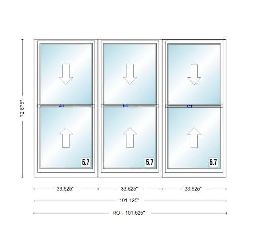 ANDERSEN Windows 400 Series Triple Double Hung Venting Window 101-1/8" Equal Sash Vinyl Exterior Wood Interior Low-E4 Dual Pane Glass Full Screen/Grilles/Tempered Optional TW28310-3, TW2842-3, TW2846-3, TW28410-3, Or TW2852-3