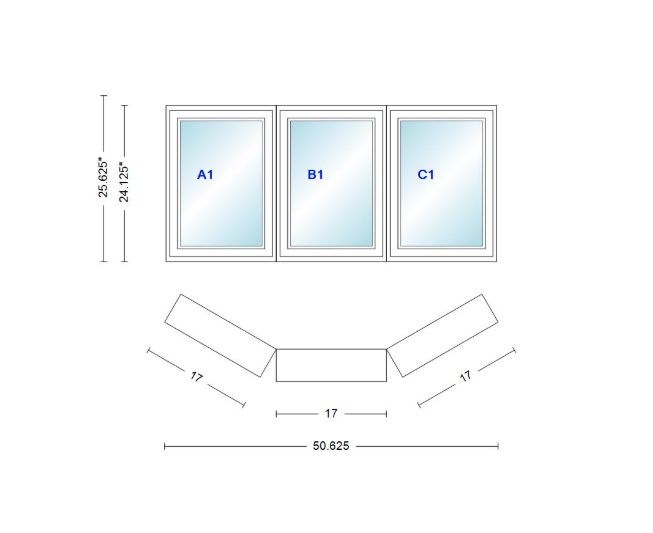 Andersen 400 Series Casement Bay Window Left-Stationary-Right 50 5/8" Wide Casement With Casement Flankers 30 Degree Angle Of Deflection Vinyl Exterior Wood Interior Low-E4 Dual Pane Argon Gas