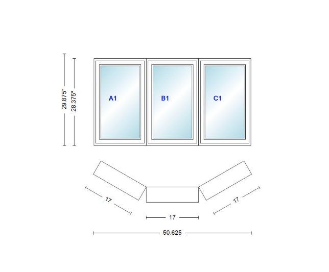 Andersen 400 Series Casement Bay Window Left-Stationary-Right 50 5/8" Wide Casement With Casement Flankers 30 Degree Angle Of Deflection Vinyl Exterior Wood Interior Low-E4 Dual Pane Argon Gas