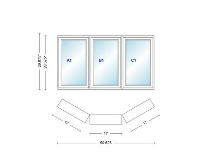 Andersen 400 Series Casement Bay Window Left-Stationary-Right 50 5/8" Wide Casement With Casement Flankers 30 Degree Angle Of Deflection Vinyl Exterior Wood Interior Low-E4 Dual Pane Argon Gas