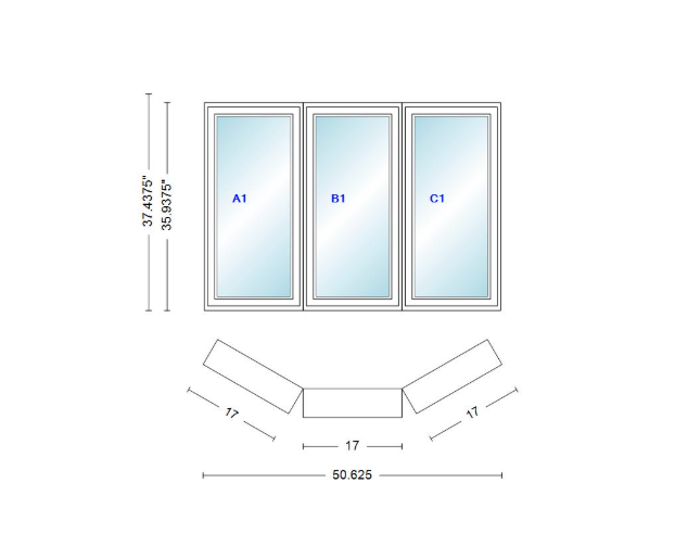 Andersen 400 Series Casement Bay Window Left-Stationary-Right 50 5/8" Wide Casement With Casement Flankers 30 Degree Angle Of Deflection Vinyl Exterior Wood Interior Low-E4 Dual Pane Argon Gas