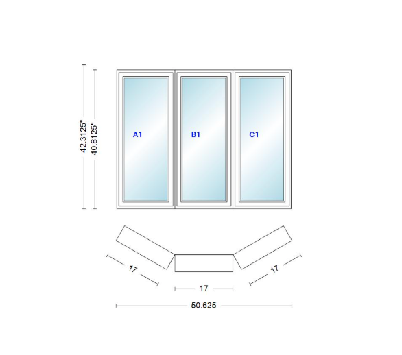 Andersen 400 Series Casement Bay Window Left-Stationary-Right 50 5/8" Wide Casement With Casement Flankers 30 Degree Angle Of Deflection Vinyl Exterior Wood Interior Low-E4 Dual Pane Argon Gas