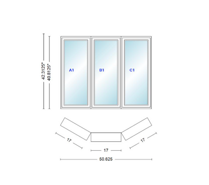 Andersen 400 Series Casement Bay Window Left-Stationary-Right 50 5/8" Wide Casement With Casement Flankers 30 Degree Angle Of Deflection Vinyl Exterior Wood Interior Low-E4 Dual Pane Argon Gas