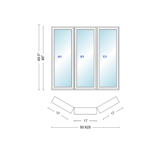 Andersen 400 Series Casement Bay Window Left-Stationary-Right 50 5/8" Wide Casement With Casement Flankers 30 Degree Angle Of Deflection Vinyl Exterior Wood Interior Low-E4 Dual Pane Argon Gas