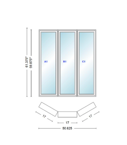 Andersen 400 Series Casement Bay Window Left-Stationary-Right 50 5/8" Wide Casement With Casement Flankers 30 Degree Angle Of Deflection Vinyl Exterior Wood Interior Low-E4 Dual Pane Argon Gas