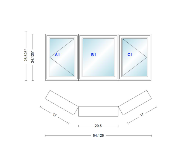 Andersen 400 Series Casement Bay Window Left-Stationary-Right 54 1/8" Wide Casement With Casement Flankers 30 Degree Angle Of Deflection Vinyl Exterior Wood Interior Low-E4 Dual Pane Argon Gas