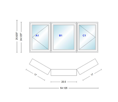 Andersen 400 Series Casement Bay Window Left-Stationary-Right 54 1/8" Wide Casement With Casement Flankers 30 Degree Angle Of Deflection Vinyl Exterior Wood Interior Low-E4 Dual Pane Argon Gas