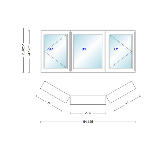 Andersen 400 Series Casement Bay Window Left-Stationary-Right 54 1/8" Wide Casement With Casement Flankers 30 Degree Angle Of Deflection Vinyl Exterior Wood Interior Low-E4 Dual Pane Argon Gas