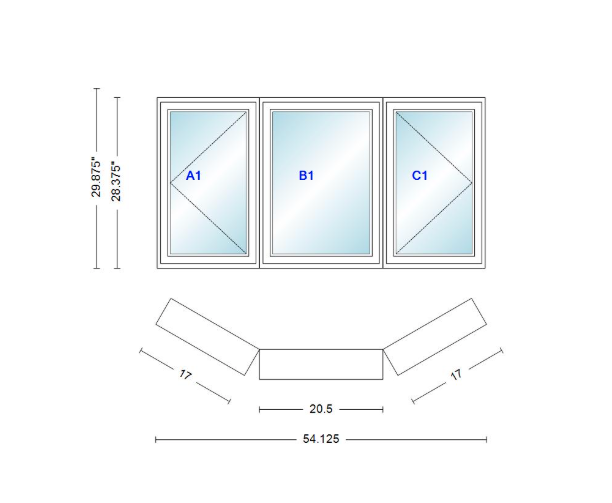 Andersen 400 Series Casement Bay Window Left-Stationary-Right 54 1/8" Wide Casement With Casement Flankers 30 Degree Angle Of Deflection Vinyl Exterior Wood Interior Low-E4 Dual Pane Argon Gas
