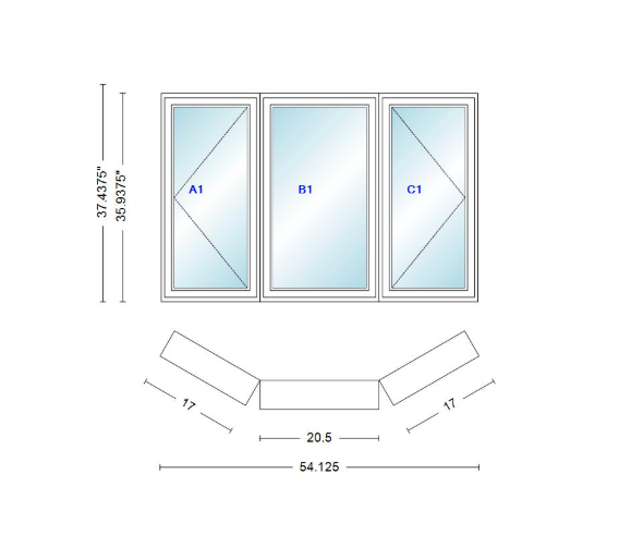 Andersen 400 Series Casement Bay Window Left-Stationary-Right 54 1/8" Wide Casement With Casement Flankers 30 Degree Angle Of Deflection Vinyl Exterior Wood Interior Low-E4 Dual Pane Argon Gas