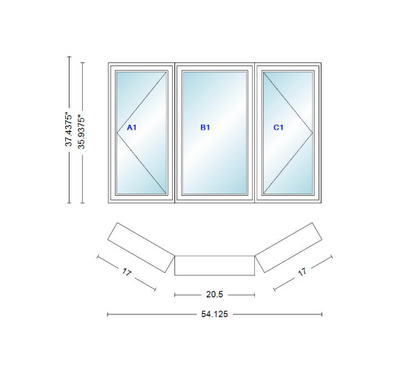 Andersen 400 Series Casement Bay Window Left-Stationary-Right 54 1/8" Wide Casement With Casement Flankers 30 Degree Angle Of Deflection Vinyl Exterior Wood Interior Low-E4 Dual Pane Argon Gas