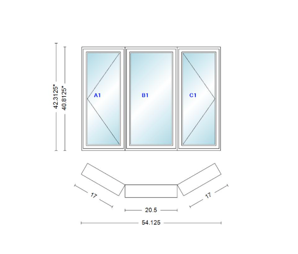 Andersen 400 Series Casement Bay Window Left-Stationary-Right 54 1/8" Wide Casement With Casement Flankers 30 Degree Angle Of Deflection Vinyl Exterior Wood Interior Low-E4 Dual Pane Argon Gas