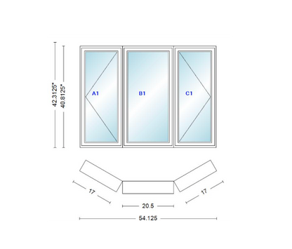 Andersen 400 Series Casement Bay Window Left-Stationary-Right 54 1/8" Wide Casement With Casement Flankers 30 Degree Angle Of Deflection Vinyl Exterior Wood Interior Low-E4 Dual Pane Argon Gas