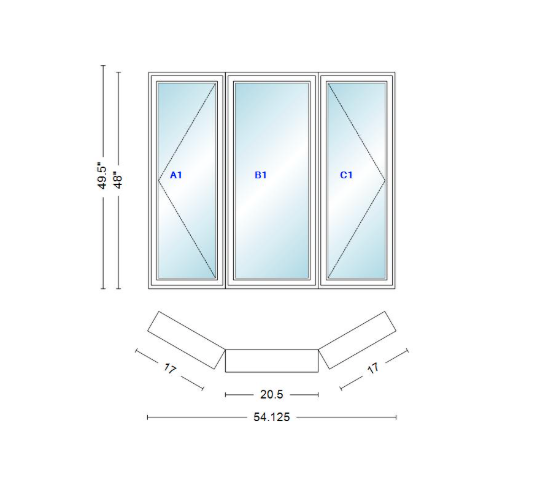 Andersen 400 Series Casement Bay Window Left-Stationary-Right 54 1/8" Wide Casement With Casement Flankers 30 Degree Angle Of Deflection Vinyl Exterior Wood Interior Low-E4 Dual Pane Argon Gas
