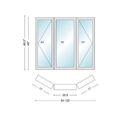 Andersen 400 Series Casement Bay Window Left-Stationary-Right 54 1/8" Wide Casement With Casement Flankers 30 Degree Angle Of Deflection Vinyl Exterior Wood Interior Low-E4 Dual Pane Argon Gas