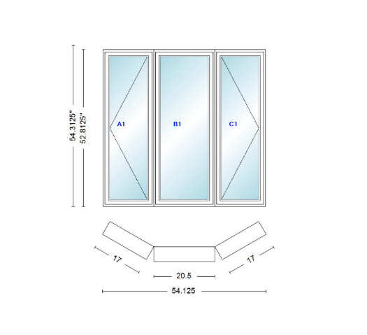 Andersen 400 Series Casement Bay Window Left-Stationary-Right 54 1/8" Wide Casement With Casement Flankers 30 Degree Angle Of Deflection Vinyl Exterior Wood Interior Low-E4 Dual Pane Argon Gas