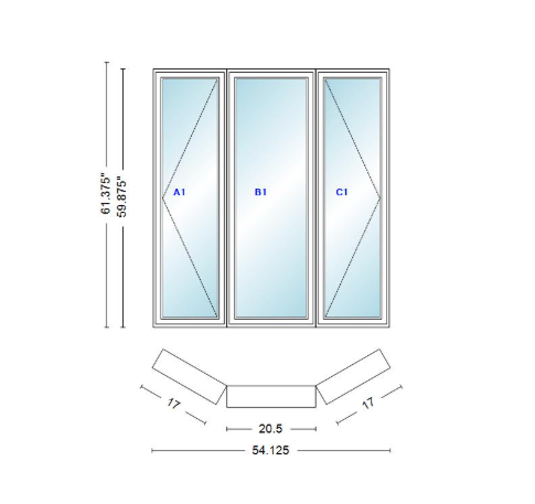 Andersen 400 Series Casement Bay Window Left-Stationary-Right 54 1/8" Wide Casement With Casement Flankers 30 Degree Angle Of Deflection Vinyl Exterior Wood Interior Low-E4 Dual Pane Argon Gas